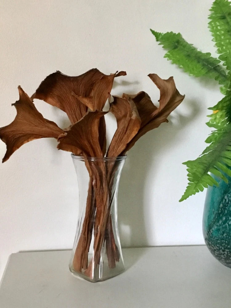 Dried fall floral arrangement: brown dried leaves in clear glass vase