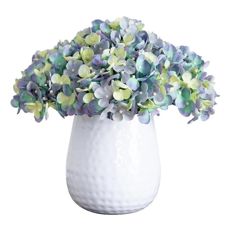 Nearly Natural 11" Artificial Hydrangea Arrangement in White Metal Vase in Blue Hydrangea