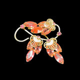 Vintage Rhinstone Brooch - Flower Petal Design - Gold Tone - Carnation Pink Carnation