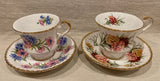 2 X PARAGON RIBBED TEACUPS & SAUCERS ~ Carnations,Pink & Blue Flowers, Gold Trim Carnation