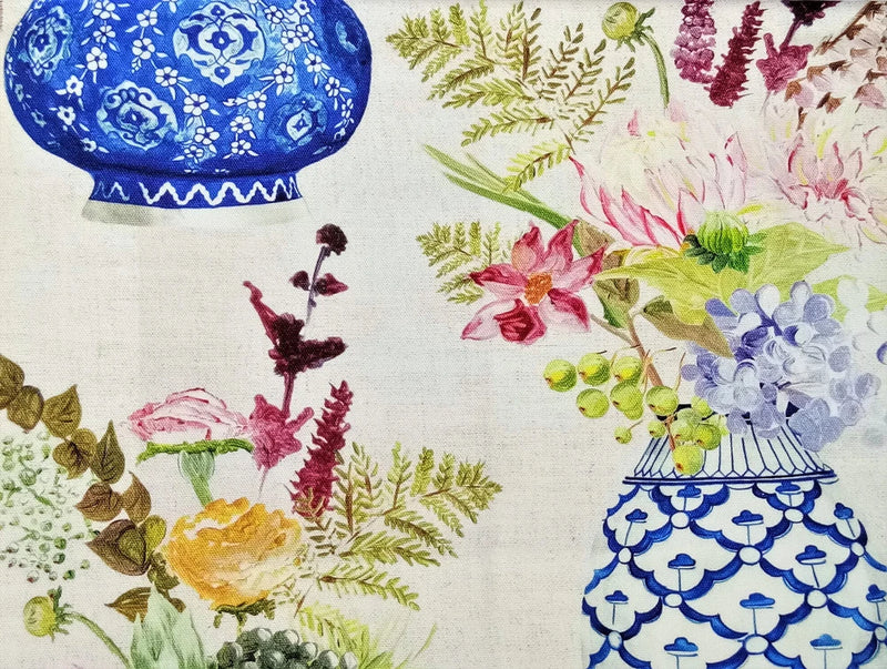 Cobalt Blue Flower Vase Curtain Fabric By The Yard, Upholstery, Drapery Fabric Flowering Plants