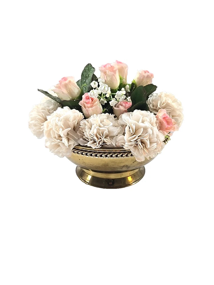 Vintage Silk Floral Arrangement in Footed Brass Planter Pot England 7" Carnation