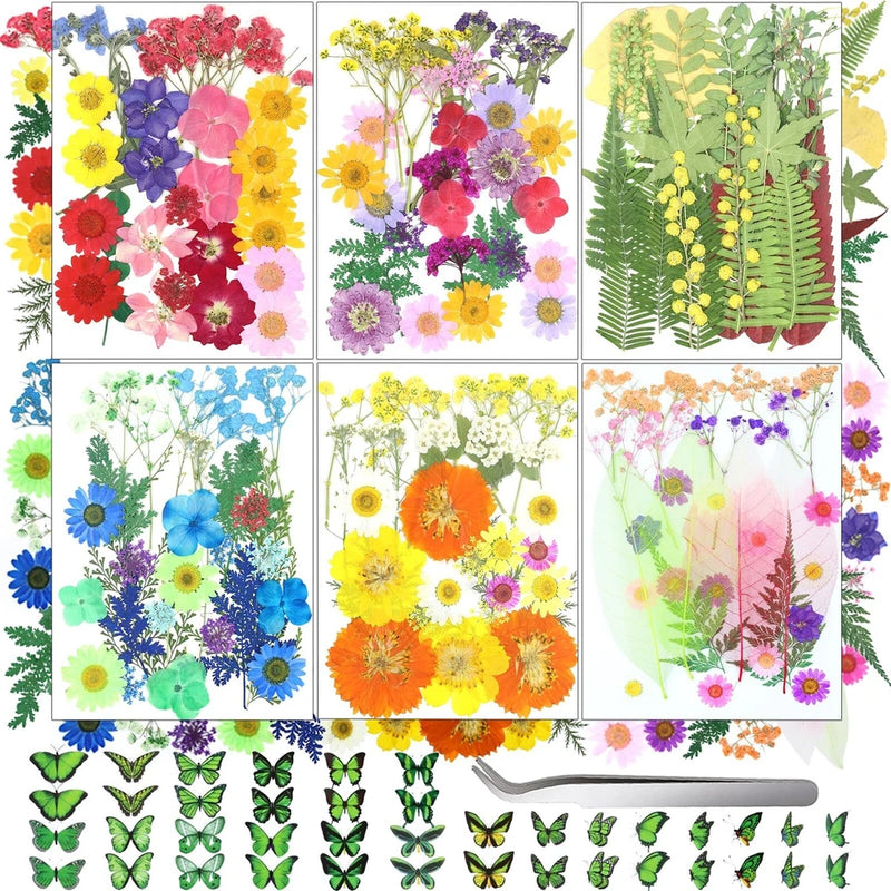 Dried pressed flower and butterfly set for crafts, assorted colors, resin-ready pieces