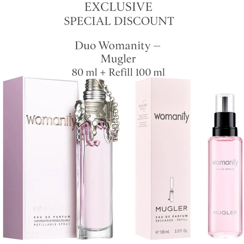 Womanity Mugler eau de parfum refill duo: glass bottle with pink liquid and spray