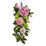 Nearly Natural 24" Mixed Peony & Hydrangea Leaves/Blooms Teardrop in Pink Hydrangea