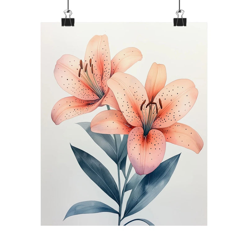 Minimalist floral art print poster with pink tiger lily and blue-green leaves
