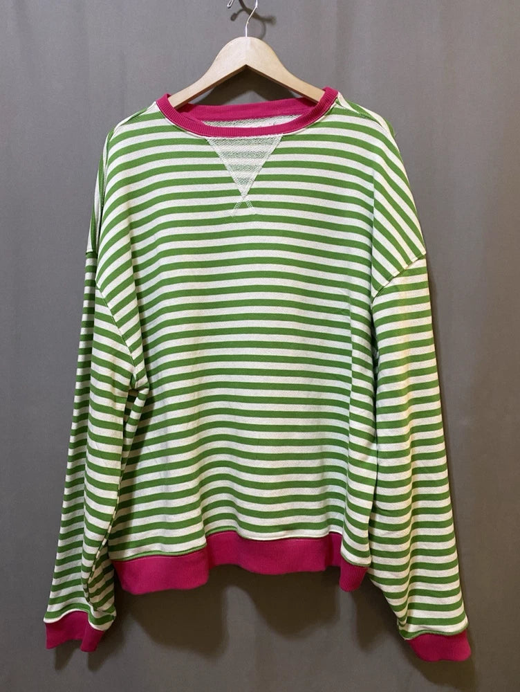 NWOT Free People WE THE FREE Women Oversized Sweatshirt SZ S Green/Pink Striped Roses