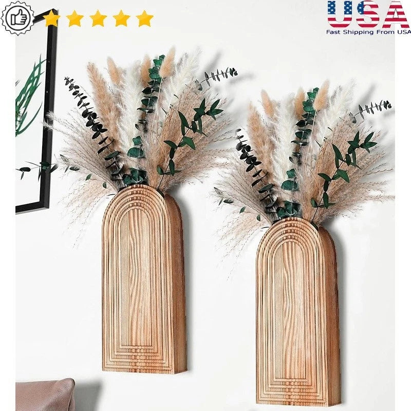 Boho Wall Decor Set Wooden Vases Faux Pampas Grass Eucalyptus Mounted Planters Pampas Grass