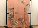 Japanese Kimono Visiting Embroidery Paper Layered Peony Flower Gold Pure Silk Peony