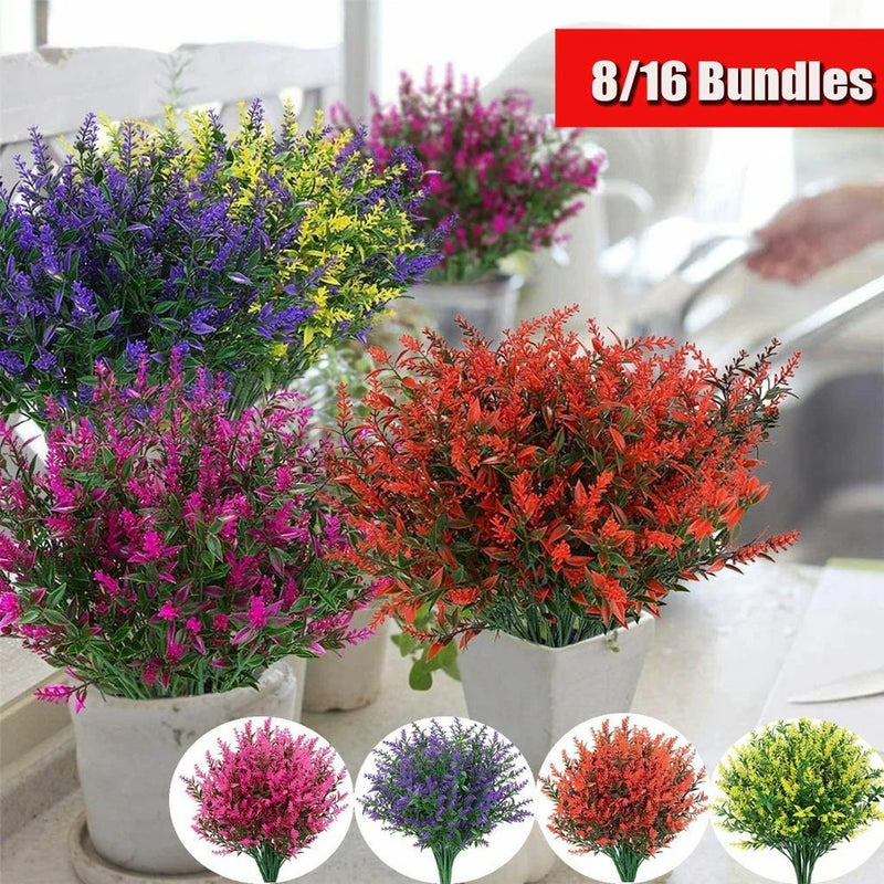 8/16 Bundles Outdoor Artificial Lavender Fake Flowers UV Resistant Shrubs Plants Roses