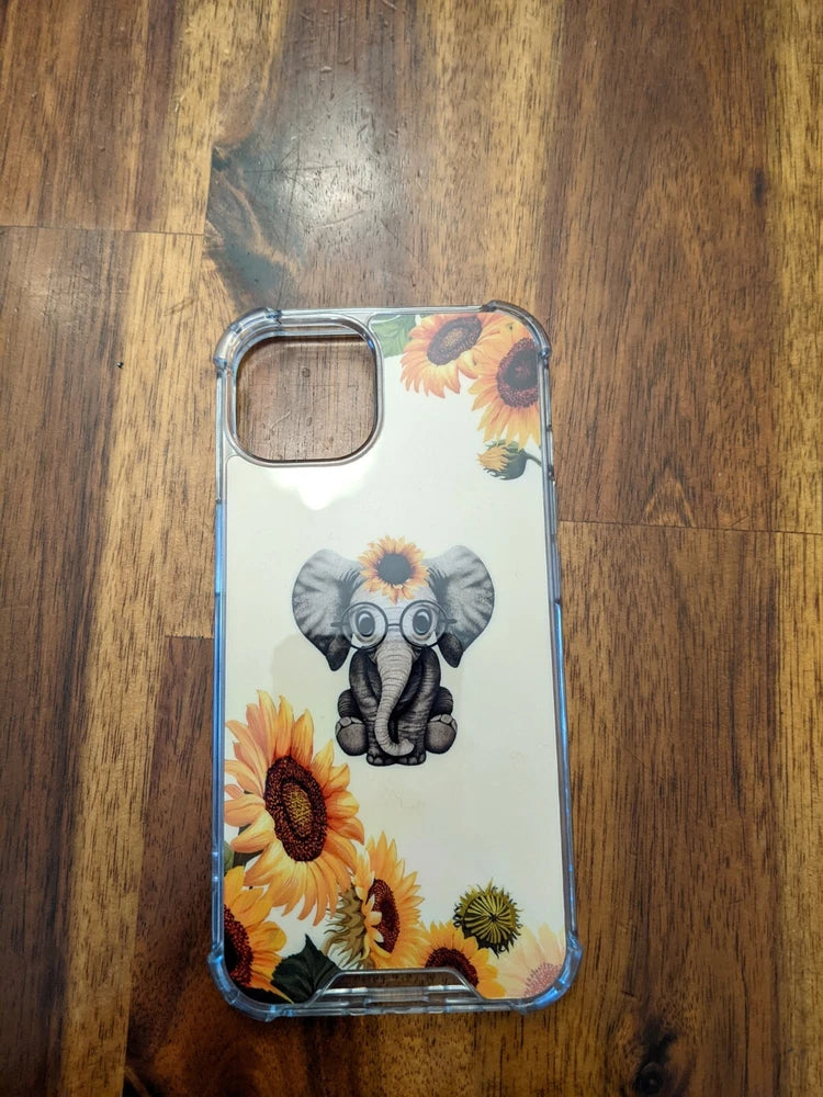 iPhone 13 sunflower elephant phone case with clear border and colorful floral artwork
