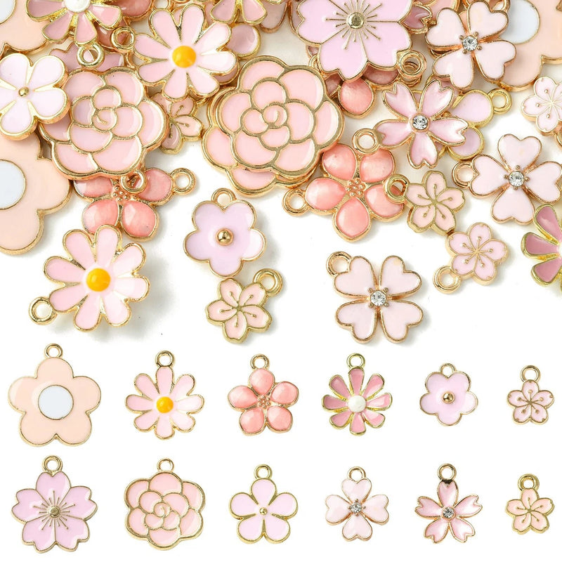 60x Alloy Enamel Pink Flower Daisy Rose Blossom Jewelry Necklaces Charm Pendats Daisies