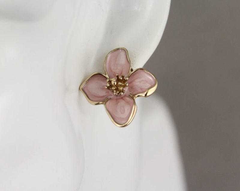 Pink Gold earrings enamel flower floral stud post daisy petal 7/8" wide Daisies