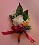 Artificial Rose Boutonniere Ð Fuchsia & Peach Flowers with Greenery Ð Wedding, P Bouquet