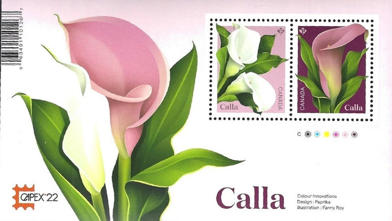 Calla lily souvenir stamp sheet with two stamps and Canada text