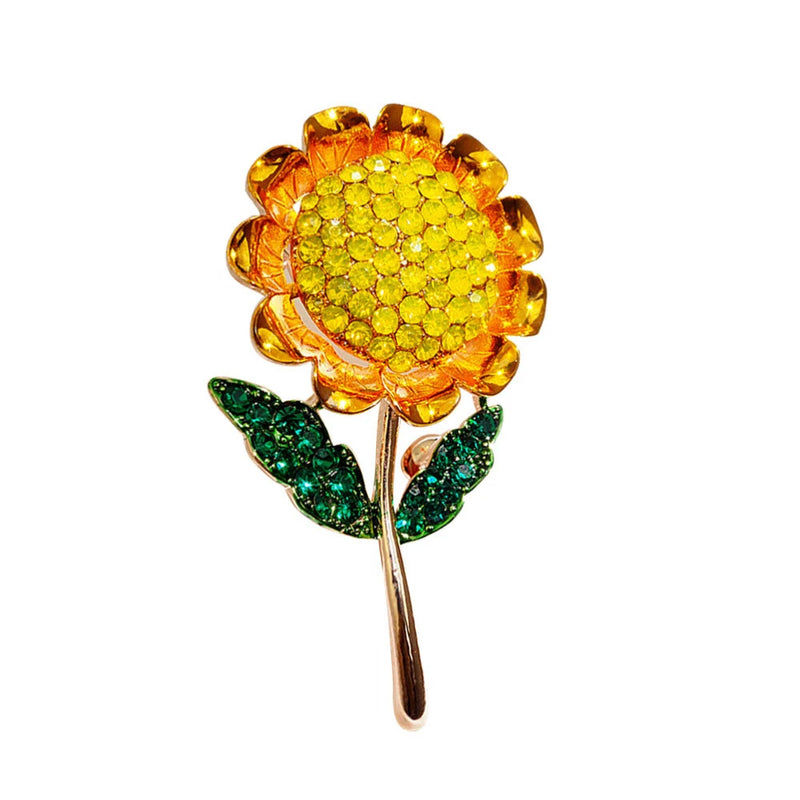 Rhinestone sunflower brooch pin with green leaf accents, gold-tone alloy backing