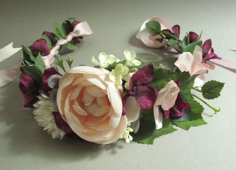 NEW Silk FLOWER CROWN Blush Pink Purple Green Bridal Wedding Adjustable Handmade Ranunculus
