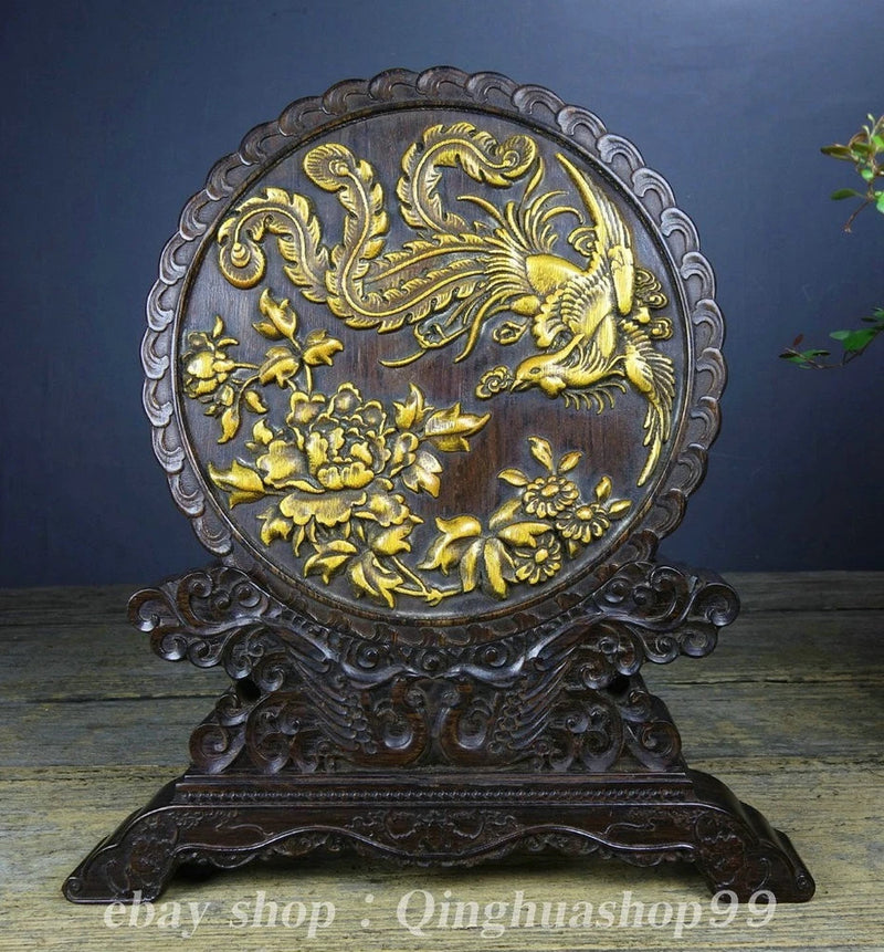 9.6"Old Chinese Rosewood Carved Fengshui Phoenix Bird Peony Flower Statue Screen Peony