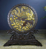 9.6"Old Chinese Rosewood Carved Fengshui Phoenix Bird Peony Flower Statue Screen Peony