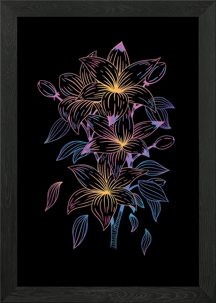 Colorful lily flower framed wall art print with detailed neon-style blooms