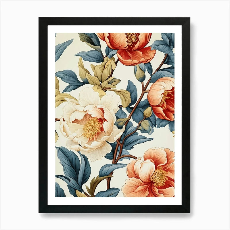 Framed peony flower art print with cream, coral blooms and teal leaves