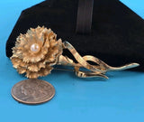Vintage Gold-Tone Carnation Flower Brooch Ð Faux Pearl Center Ð Textured Petals Carnation
