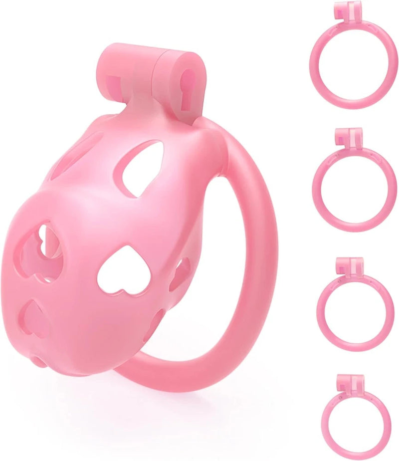 Pink resin male chastity cage with front opening and three ring sizes