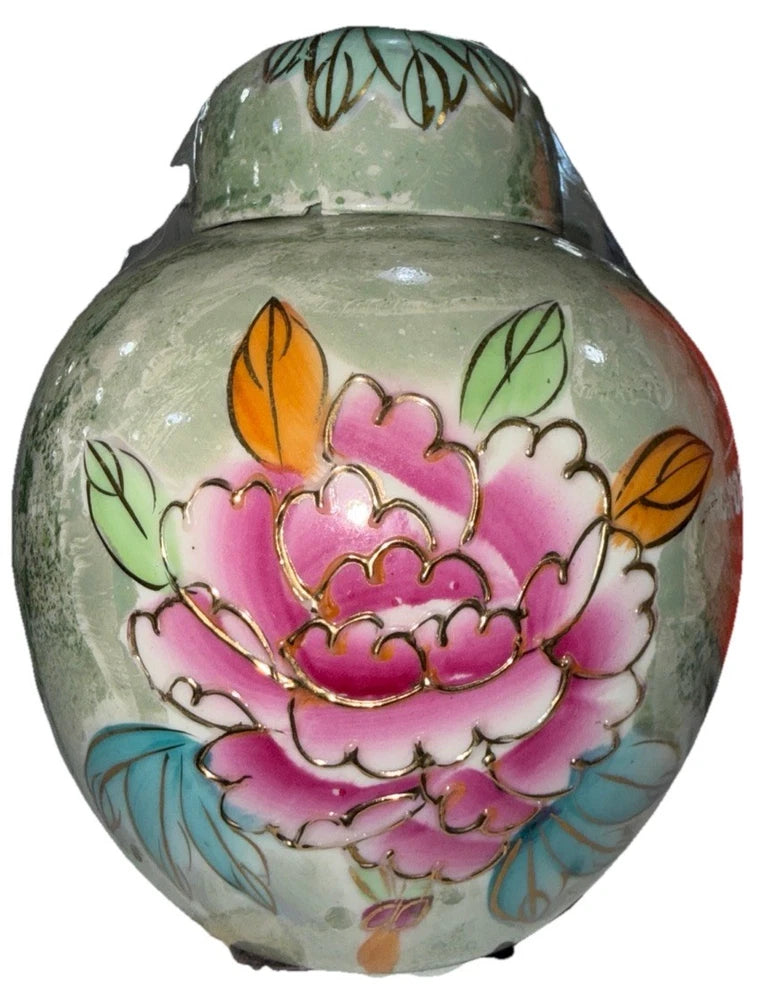 Floral ginger jar with lid, pale green base with pink peony and orange leaf accents