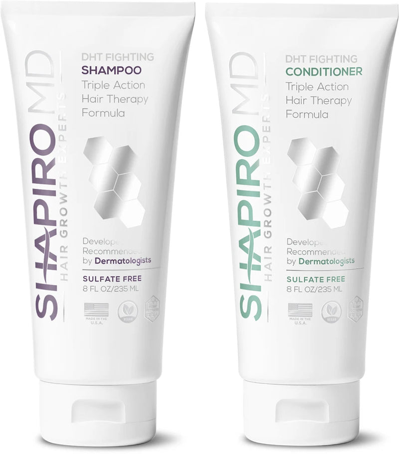 Shapiro MD DHT-blocking vegan hair loss shampoo and conditioner, white bottles