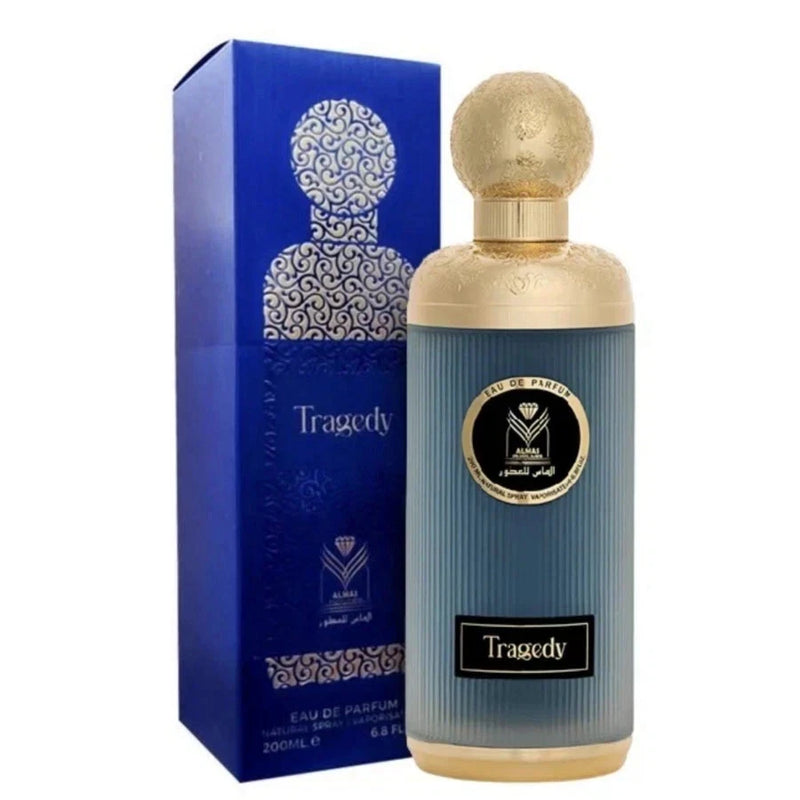 Unisex eau de parfum spray bottle, 200 ml, blue striped glass with gold cap and Tragedy label