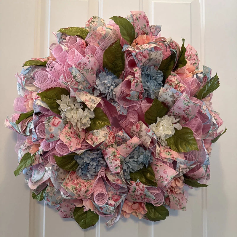 Floral Wreath mesh/artificial flowers ribbon pink/blue/white/green 22 In X 6 in Hydrangea