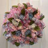 Floral Wreath mesh/artificial flowers ribbon pink/blue/white/green 22 In X 6 in Hydrangea
