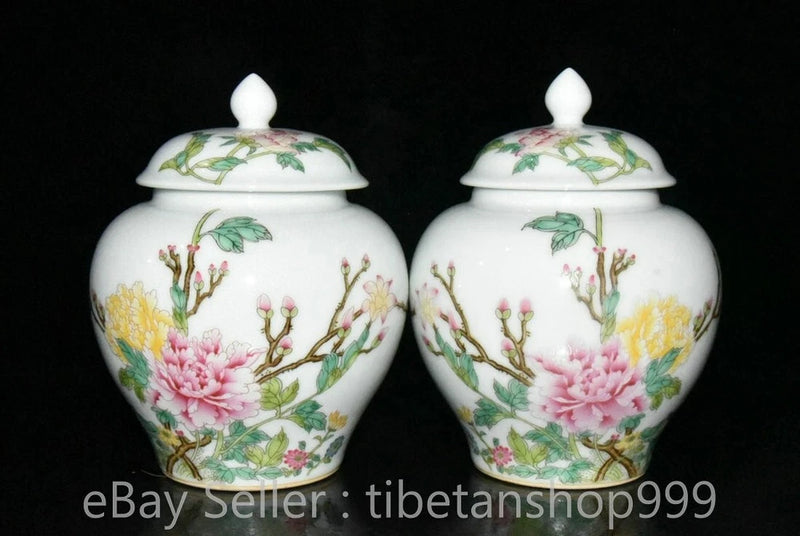 6.8" Chinese Qianlong Marked Pastel Porcelain Peony Flower Tea Tin Pot Pair Peony