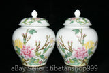 6.8" Chinese Qianlong Marked Pastel Porcelain Peony Flower Tea Tin Pot Pair Peony