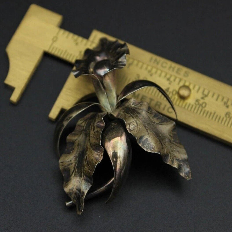 Gold Plated Large Lily Flower Vintage 925 Sterling Silver Women's Brooch Lily
