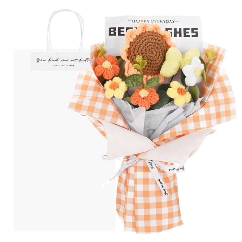 Crochet sunflower bouquet in orange checkered wrap with bow and gift bag