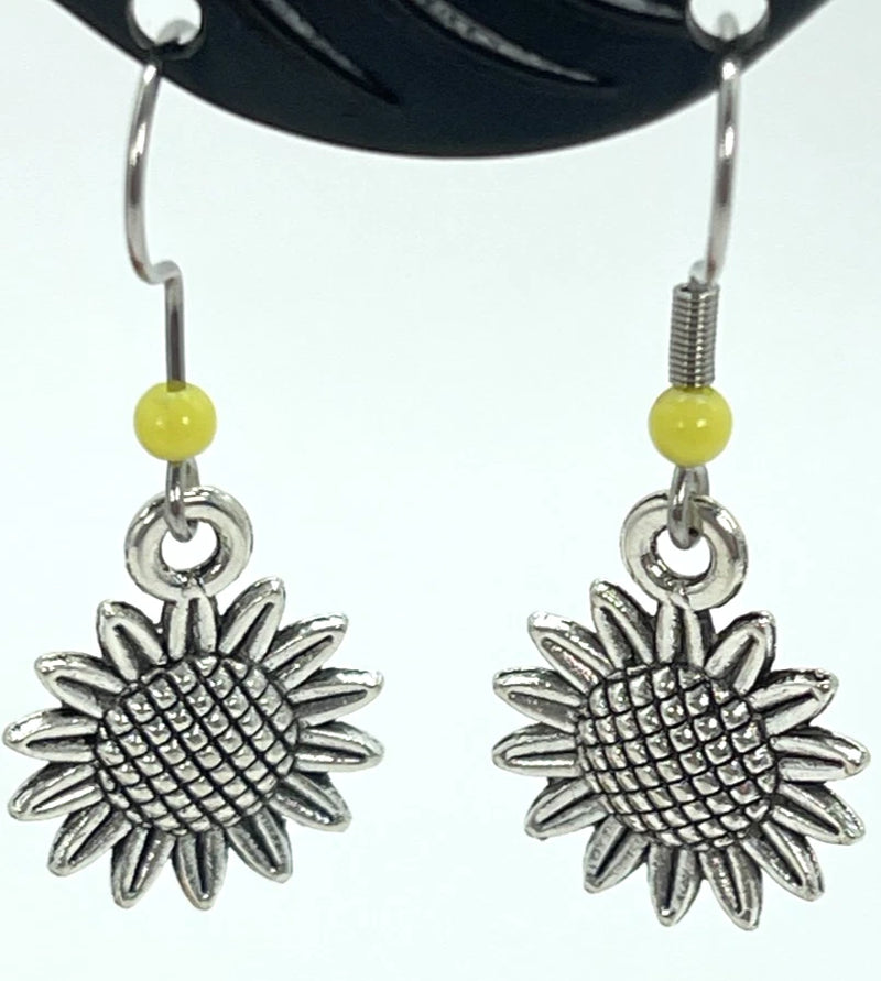 Earrings Antique Silver Tone Sunflowers w/Yellow Accents Drop 1" Sunflower