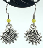 Earrings Antique Silver Tone Sunflowers w/Yellow Accents Drop 1" Sunflower