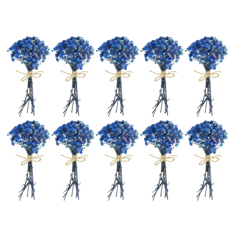 Set of 10 mini dried baby’s breath bouquets, dark blue flowers tied with twine