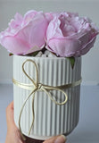 Pink Peony Silk Artificial Flowers in White Ribbed Ceramic Pot Faux Arrangement. Peony