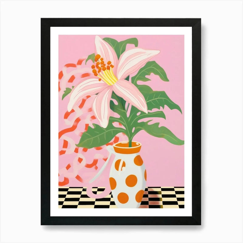 Framed lily flower wall art print with pastel lily blooms in orange polka-dot vase