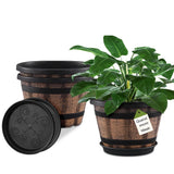 3Pack 10Inch Brown Barrel Planters w/ Drainage Holes and Saucers for Home Garden Garden Plants