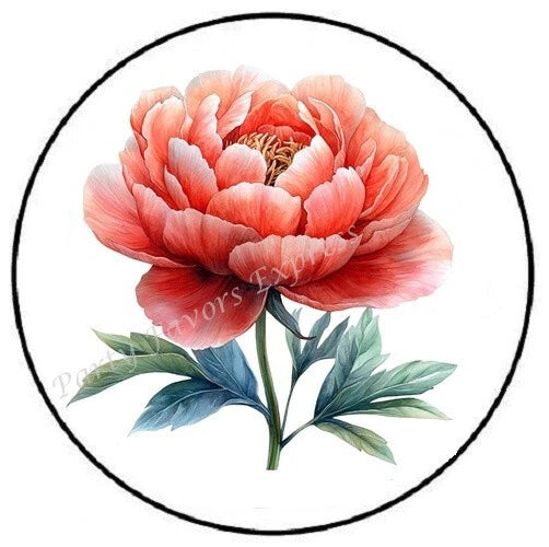 Round peony flower sticker label with pink-red blossom and green leaves