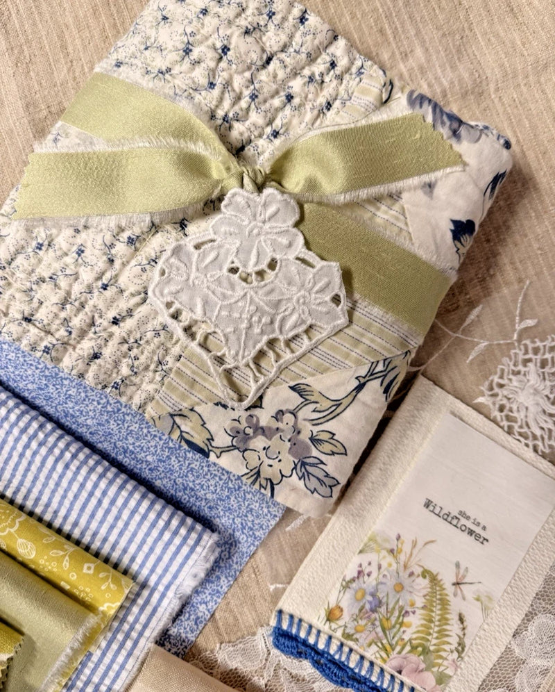 SPRING Styled Blue & Green Quilt Roll with Fabrics & Trims Flowering Plants