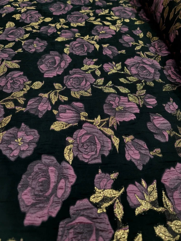 Mauve Gold Floral Metallic Brocade Fabric Sold By The Yard Black French Organza Flowering Plants