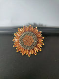 GoldTone And Rhinestone Sunflower Pin, 1 1/2 In Wide. Blue Gray And Orange Stone Sunflower