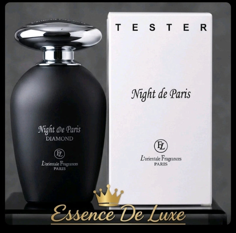 Dark glass fragrance bottle with chrome cap and Night de Paris tester box