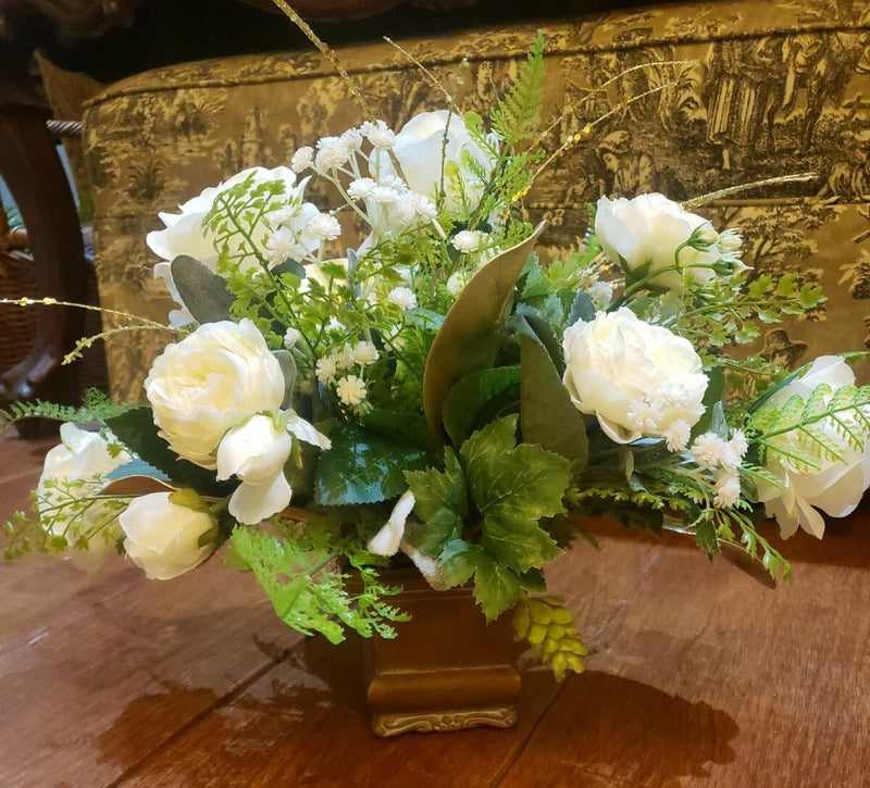 Designer Winter White Gold Silk Floral Arrangement Antiqued Planter 18"W X 14"T Ranunculus