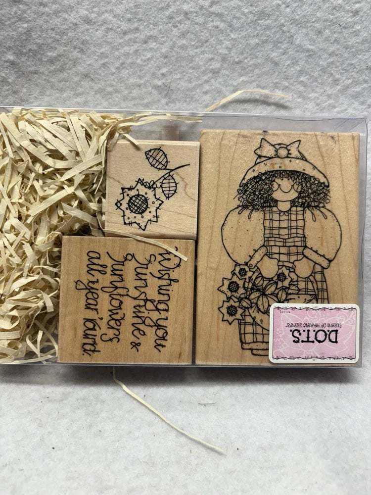 Dots Sunshine & Sunflowers S169 Woman Flowers Rubber Stamp Set W/ Case Wood Sunflower