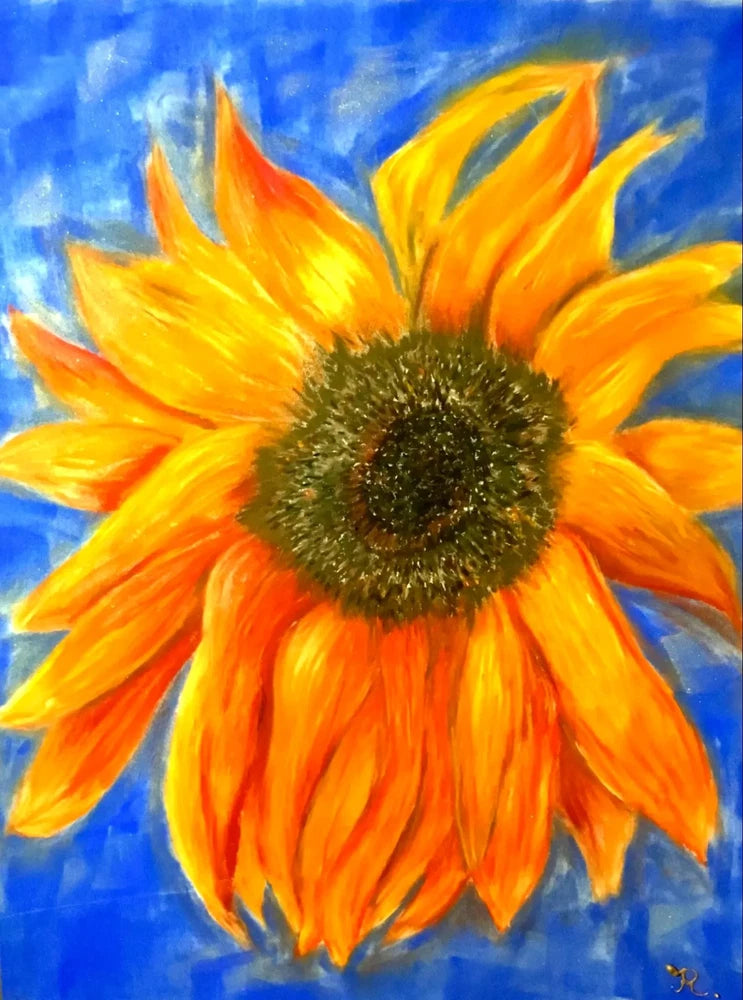 Colorful sunflower pastel painting with orange and yellow petals on blue background